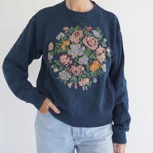 Vintage Lizsport Navy Floral Wreath Rings Embroidered Botanical Cotton Sweater M